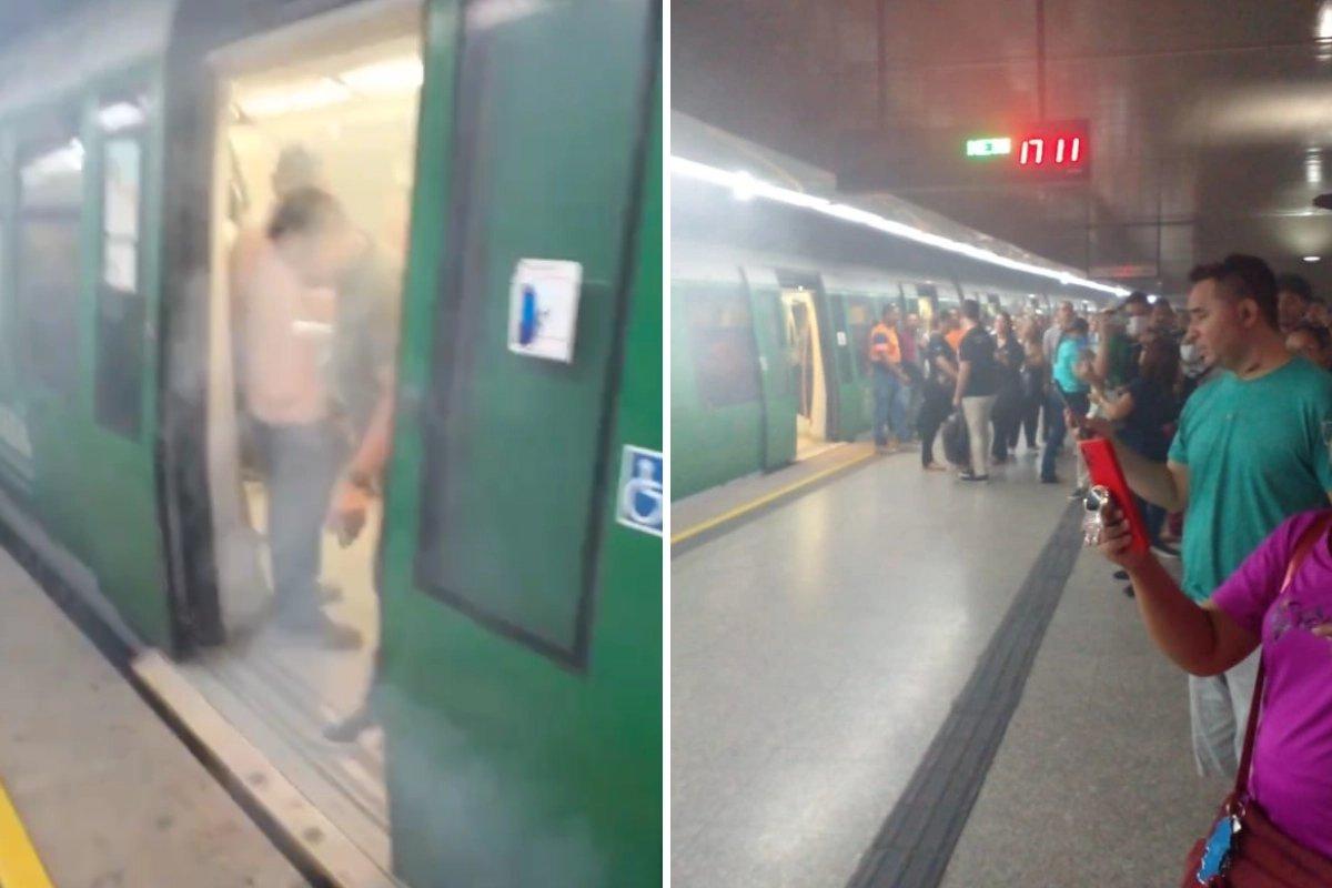 Imagem de um vagão do Metrofor de Fortaleza, em que mostra diversas pessoas saindo dos vagões, com muita fumaça. Os agentes de segurança aparecem retirando os passageiros.