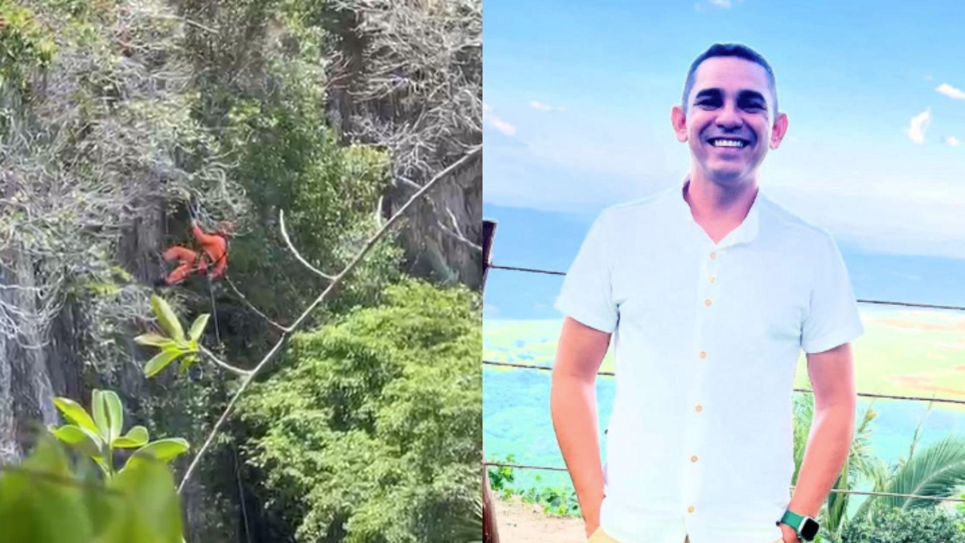 Colagem de imagens como fotos do bombeiro no precipício resgatando o corpo e uma foto do professor morto em Tianguá.