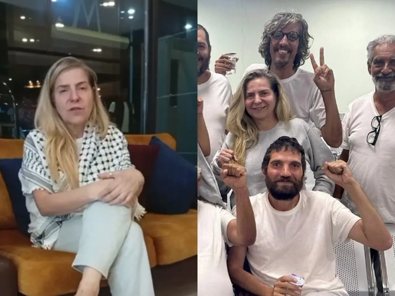 Foto de Luizianne Lins com outros brasileiros que foram detidos em Israel. Todos estão de branco.