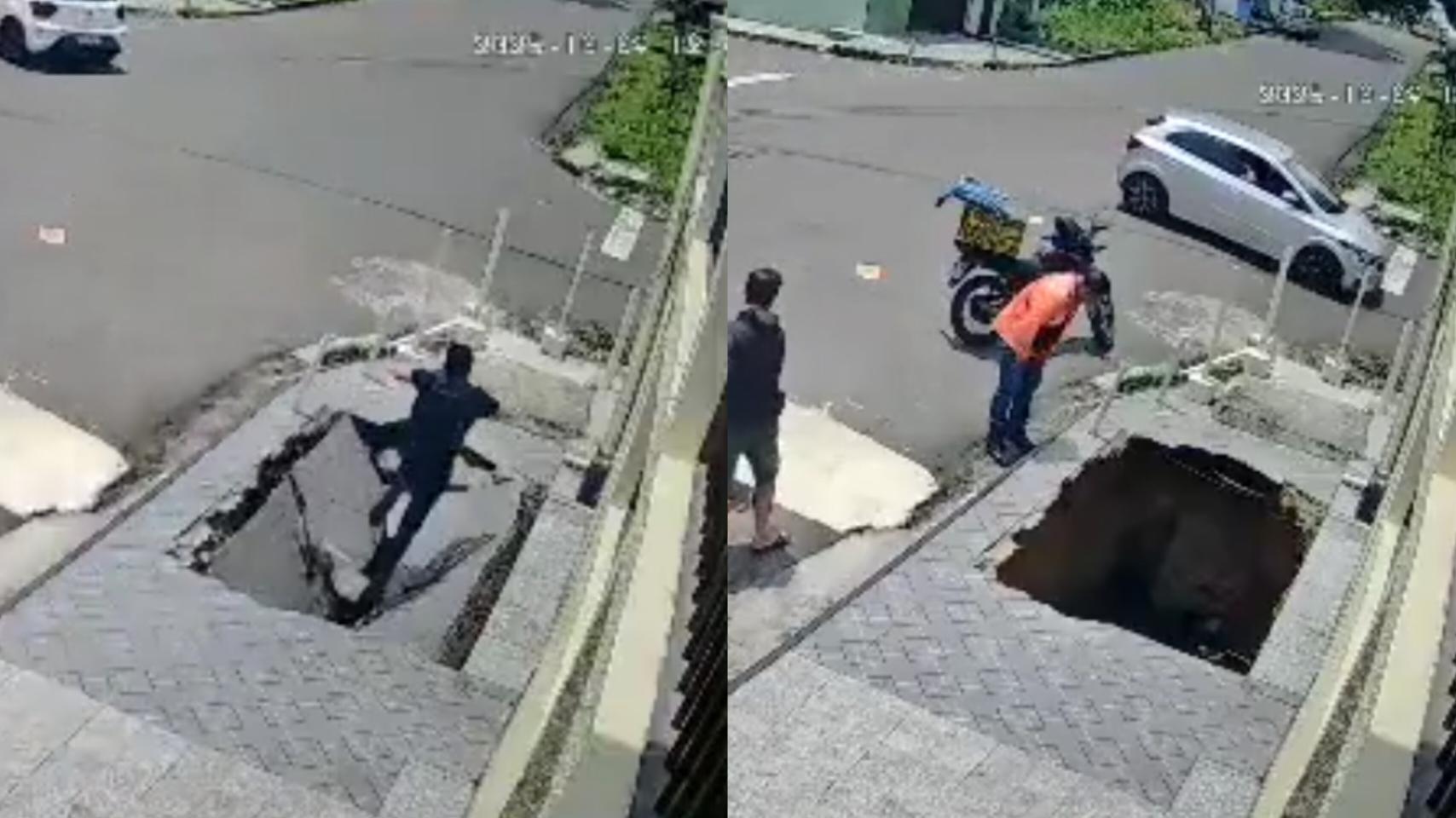 Imagem mostra jovem caindo em buraco após calçada ceder em Manaus