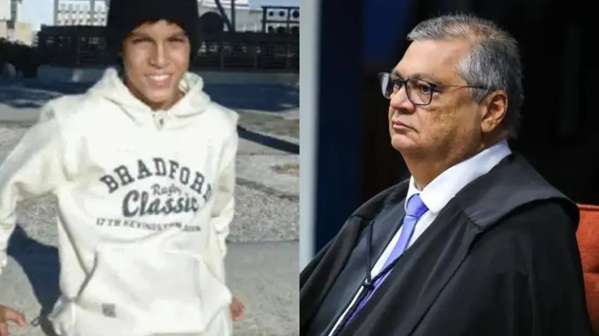 Colagem de fotos de Flávio Dino e seu filho para matéria sobre ministro que recebeu indenização de hospital após 13 anos.