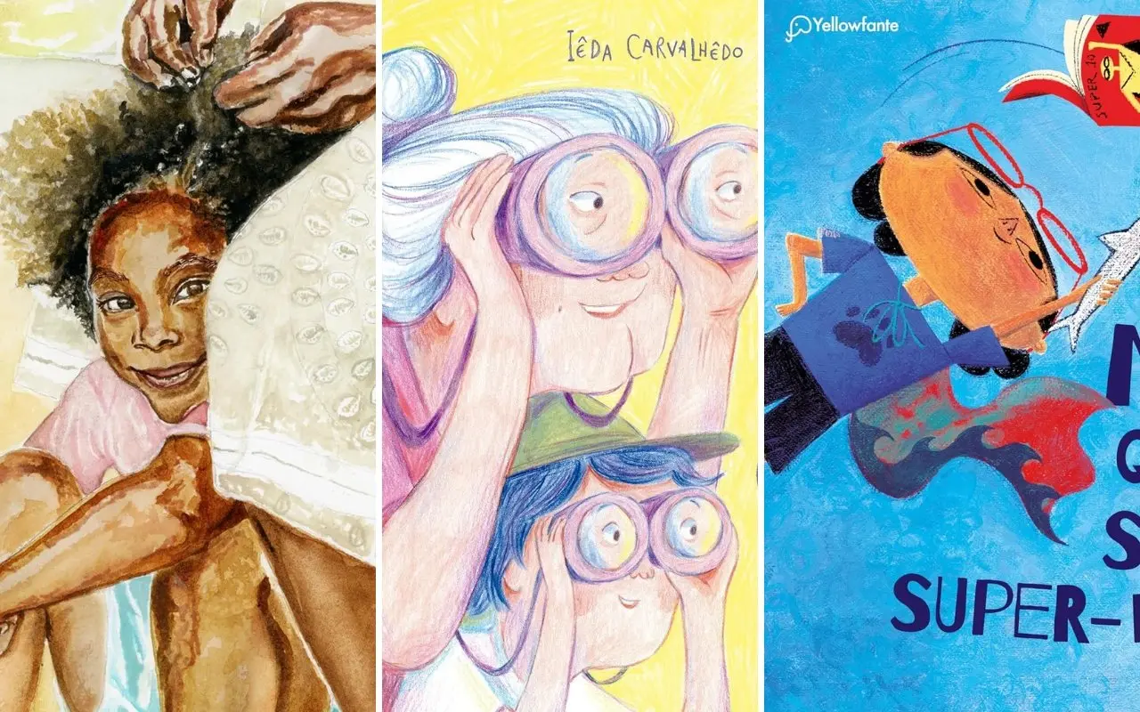 Colagem com a capa dos livros Trança a trança, vovó fica comigo e não quero ser um super-herói para matéria sobre livros para presentear no Dia das Crianças.