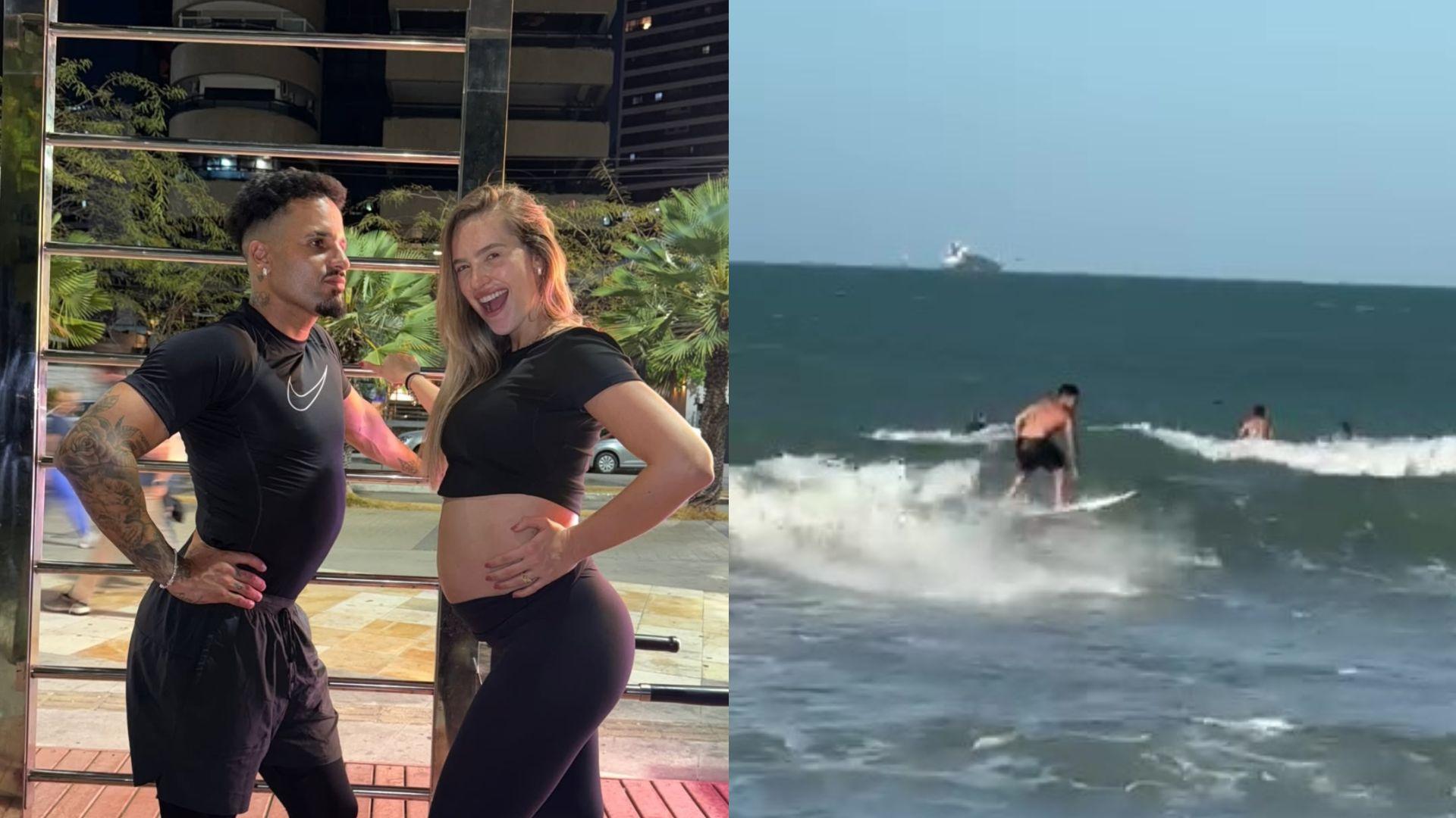 Imagem de um Italo Ferreira e a namorada dele, Sofia Larocca, na cidade antes de ir à praia, aproveitando o dia ensolarado, praticando jogos e curtindo o mar com surfe.