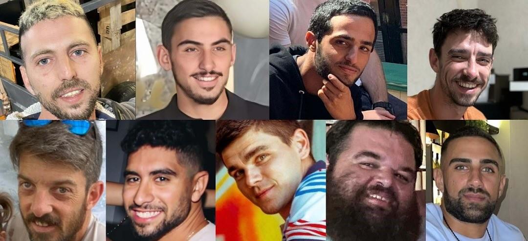 Montagem de fotos de reféns do Hamas.