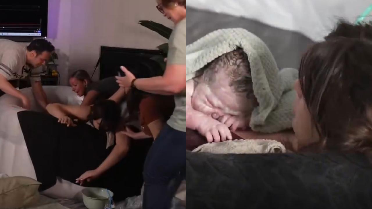 Uma montagem com duas fotos, na esquerda a streamer está em trabalho de parto e na imagem da direita está segurando sua filha