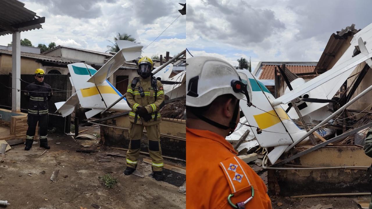 Bombeiros em área onde avião de pequeno porte caiu. Uma casa foi atingida pela aeronave.