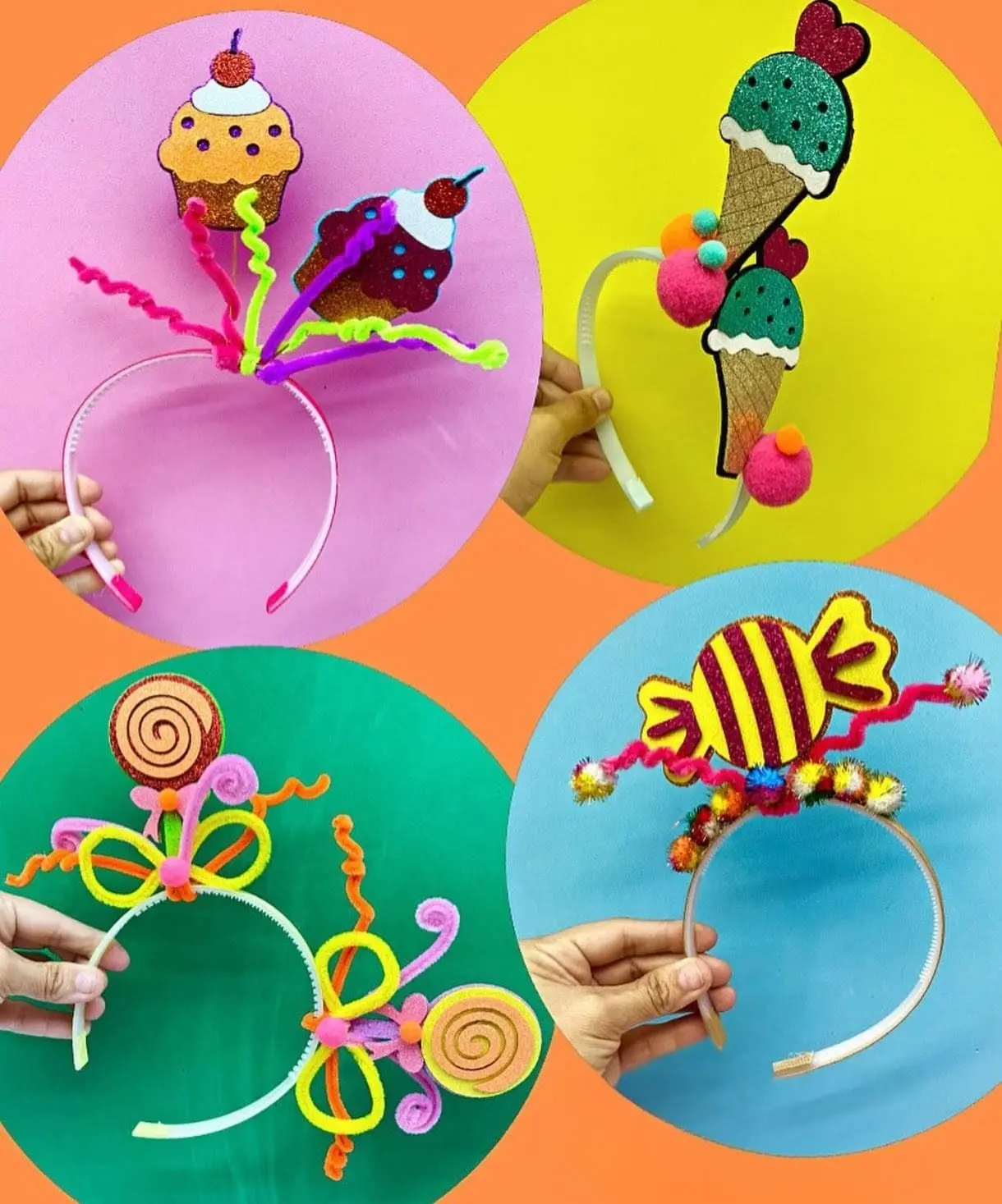 Imagem mostra quatro arquinhos de cabelo com acessórios coloridos.