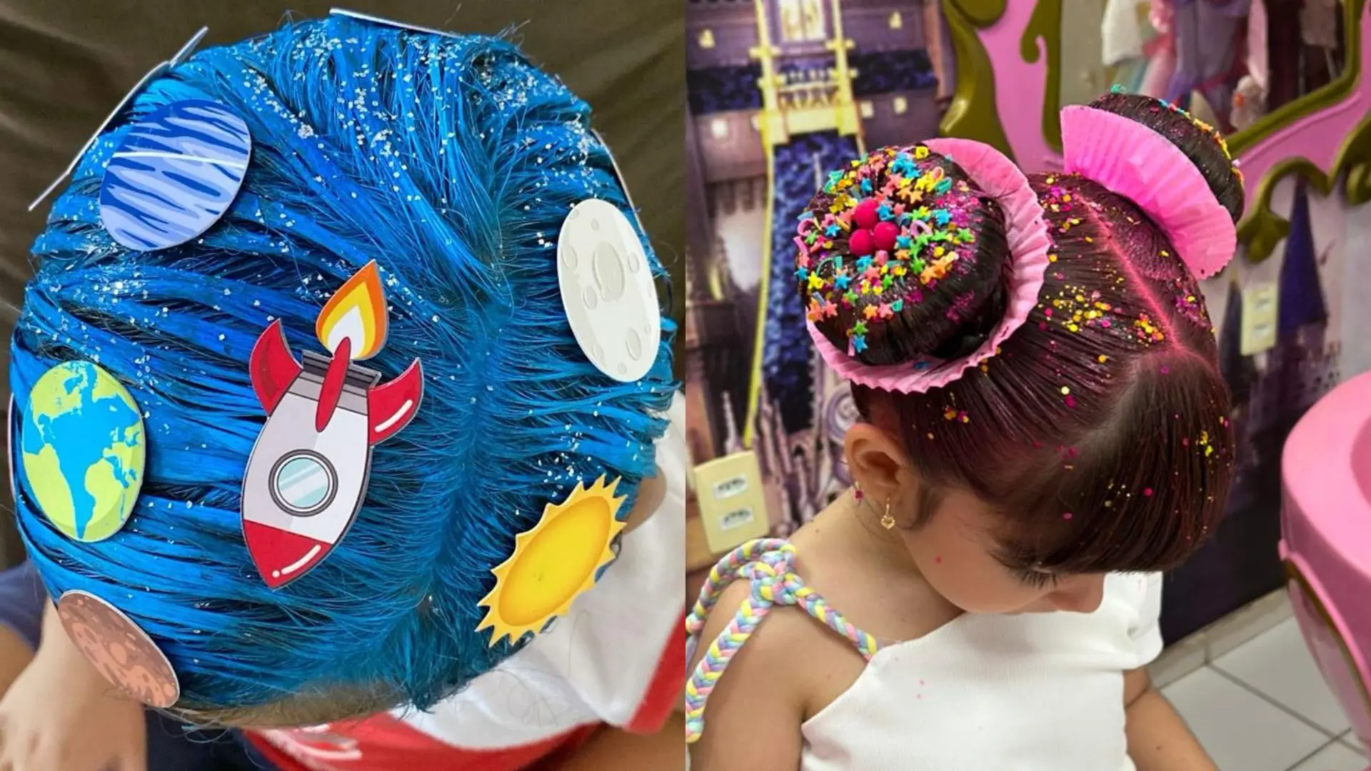 Imagem dividida mostra duas cabeças de criança, uma com cabelo azul com planetas e foguete colados e outra com dois coques em formato de cupcakes rosas.