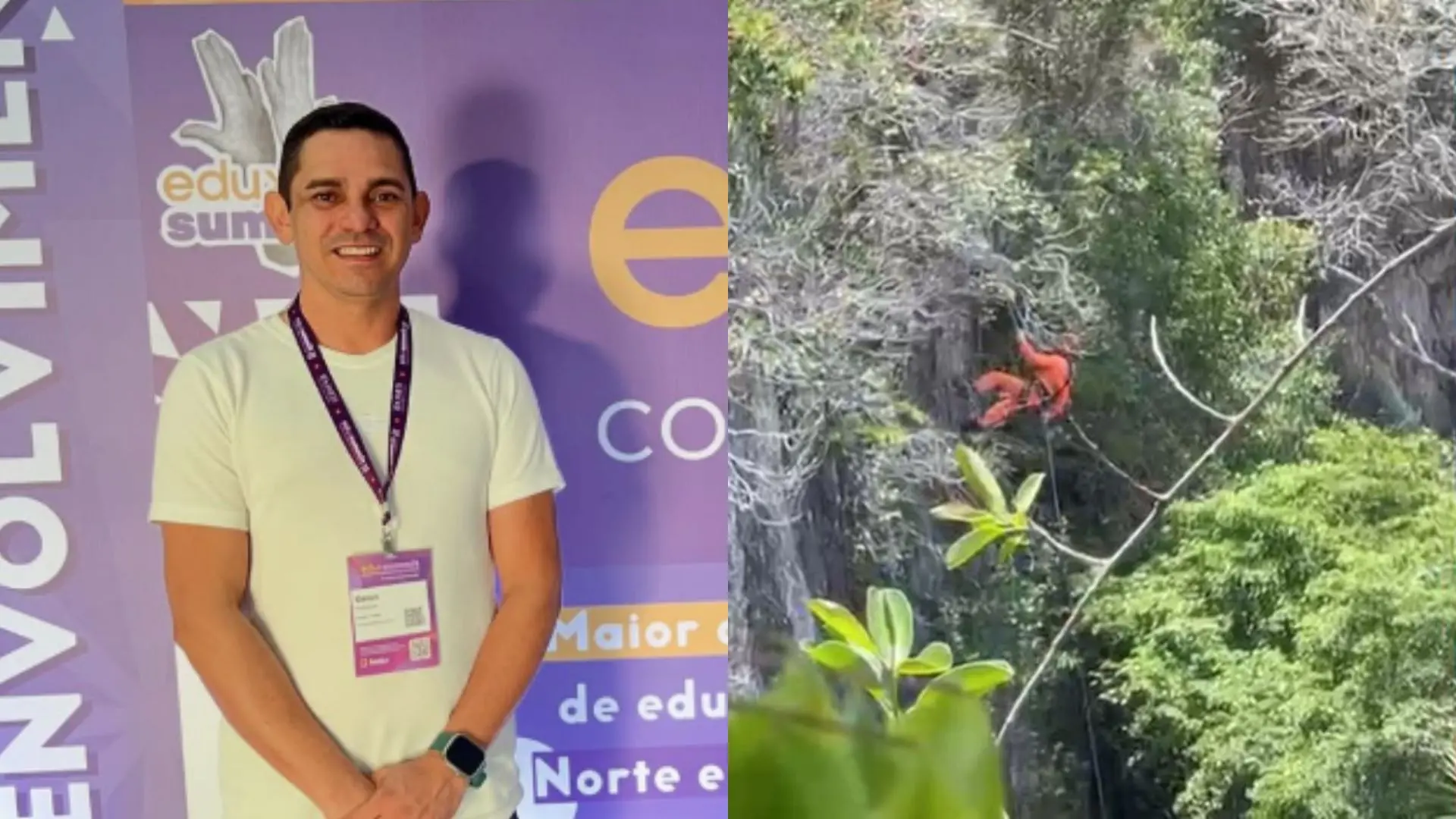 Colagem de fotos do professor ao lado de foto do resgaste dos bombeiros.