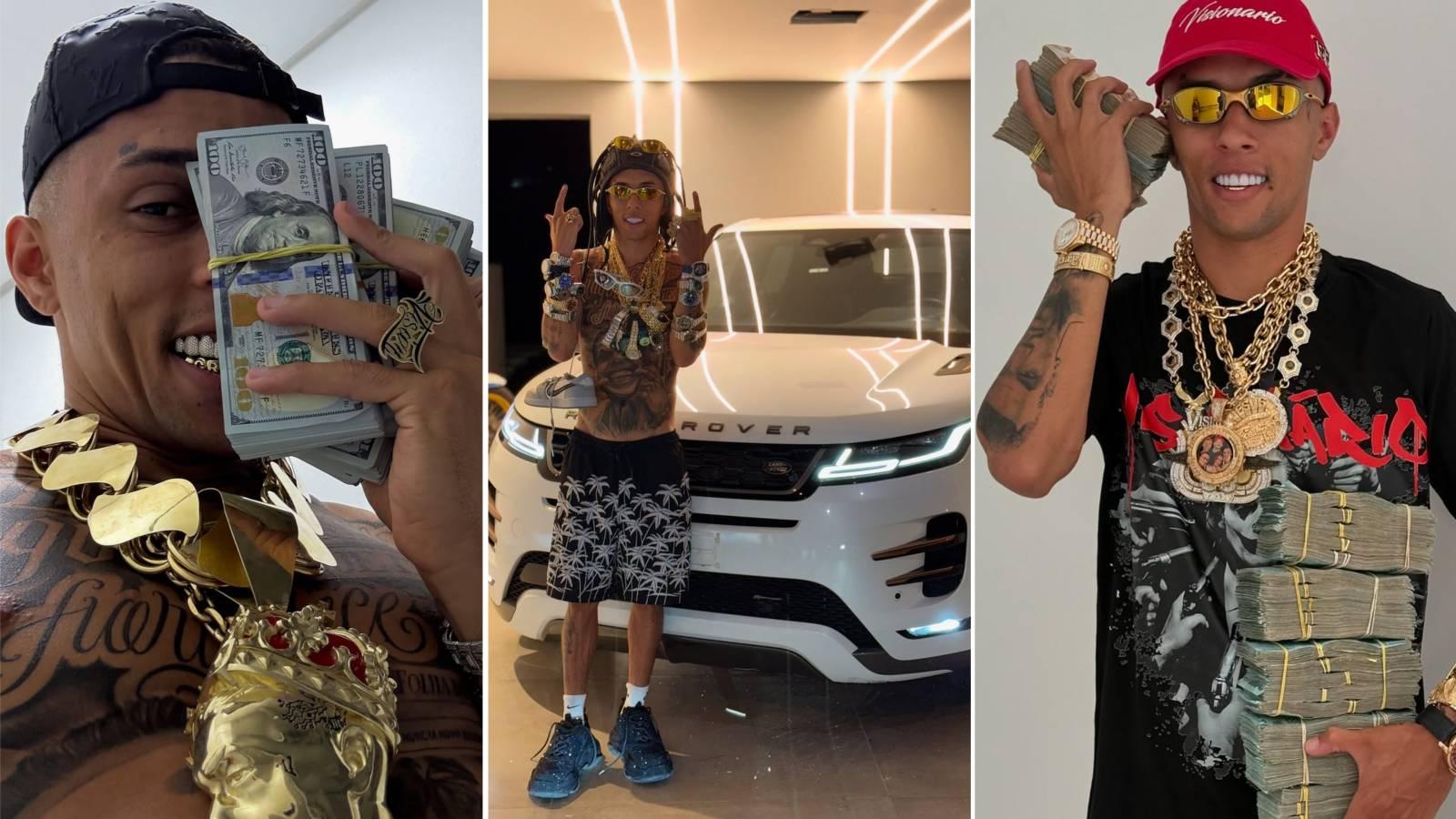 Trio de imagens mostra influenciador Buzeira ostentando itens de luxo e dinheiro. Influenciador foi preso pela Polícia Federal em São Paulo.