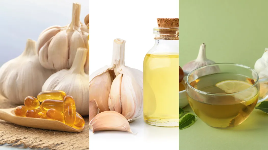 Diversas formas de consumo medicinal do alho: cápsulas, óleo e chá natural cada uma com propriedades que podem auxiliar no controle da pressão arterial.