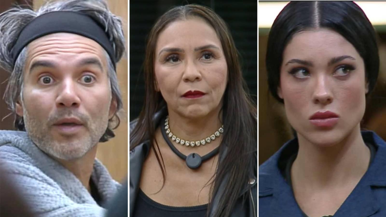 Imagem mostra fotos dos participantes do reality show a fazenda, Fernando Sampaio, Yoná Sousa e Rayane Figliuzzi, que disputam o voto do público na quarta roça do programa.