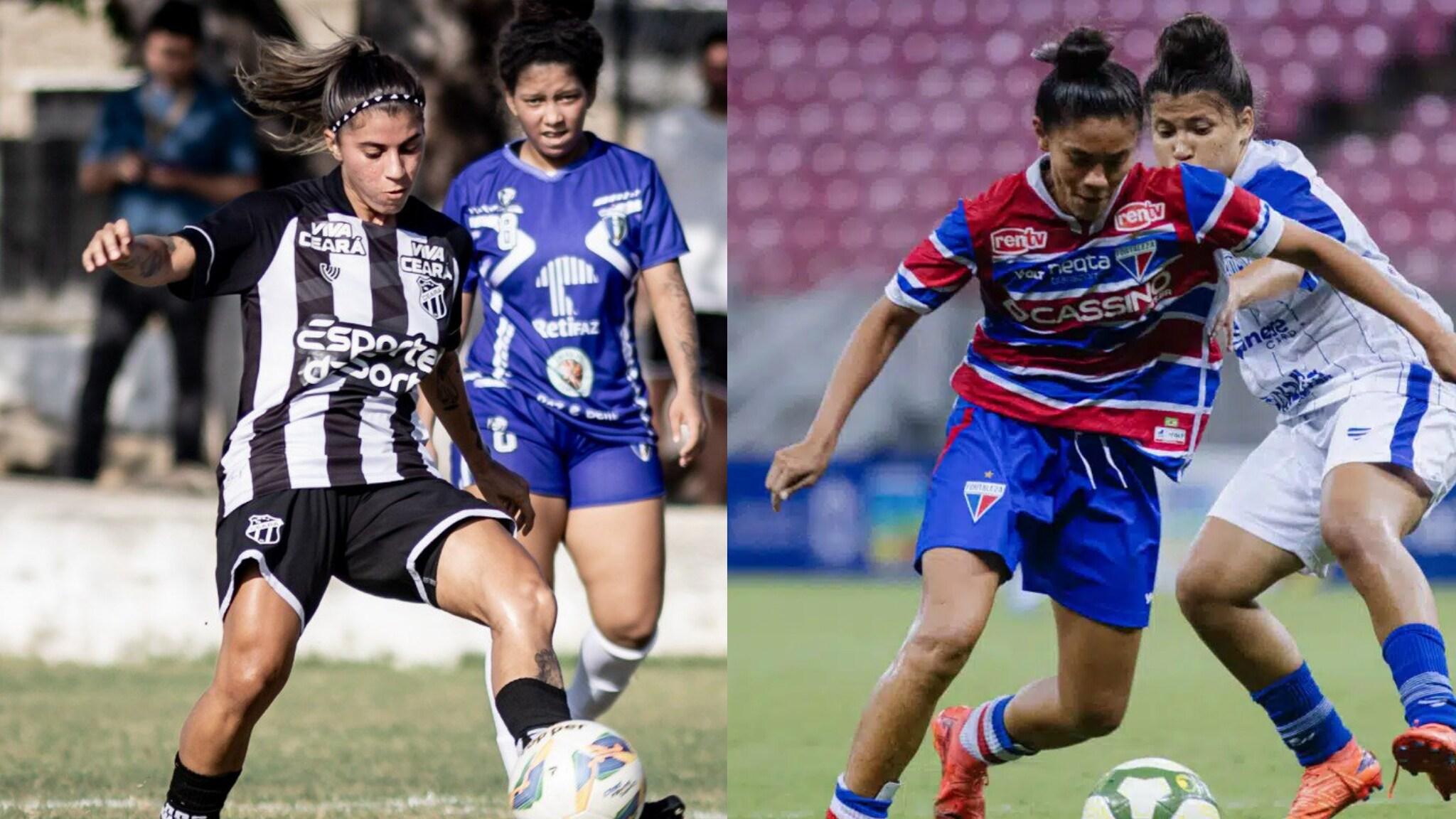 Montagem de fotos de Ceará e Fortaleza, que se enfrentam nesta quinta-feira (16) no primeiro Clássico-Rainha da temporada 2025, pela terceira rodada do Campeonato Cearense Feminino
