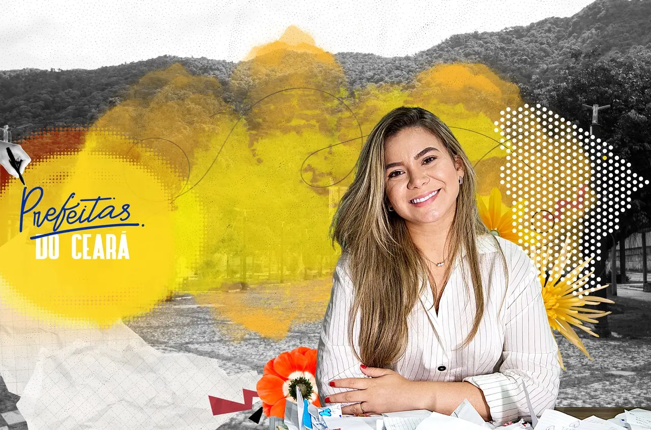 Montagem fotográfica, ao fundo uma serra nas cores preto e branco, com aquarela pintada de amarelo, flores laranjas e um mapa do Ceará pontilhado na cor branca. À frente, foto da prefeita de Pacatuba, sorrindo, com cabelos loiros longos e camisa branca.