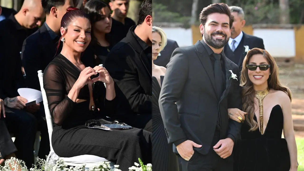 Gkay fazendo coração com a mão em área de convidados do casamento de Mari Fernandez. O influenciador Flavio Jr e a cantora Manu Bahtidão no mesmo local sorrindo para foto