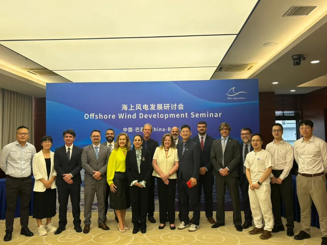 Secretária Roseane Medeiros (centro) e participantes de mesa-redonda sobre Energia Eólica Offshore Brasil e China, realizada na sede da empresa Blue Aspirations, em Hangzhou.