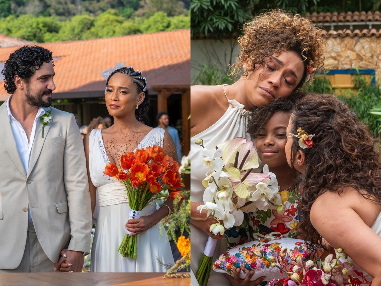 Fotos dos casamentos de Ivan e Raquel e Cecília e Laís, em Vale Tudo. Todos estão com trajes de casamento e nas fotos há buquês de flores.