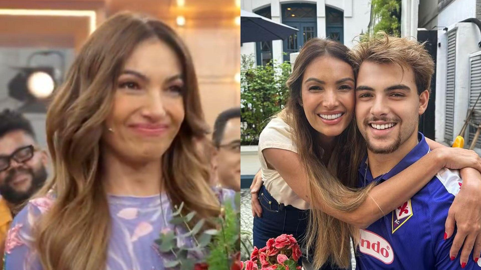 Colagem com duas fotos, sendo uma de Patrícia Poeta com um buquê de flores no seu programa, e na outra ela ao lado do filho, Felipe.