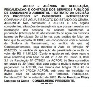 Trecho do Diário Oficial do Município sobre multas aplicadas à Cagece.