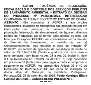 Trecho do Diário Oficial do Município sobre multas aplicadas à Cagece.