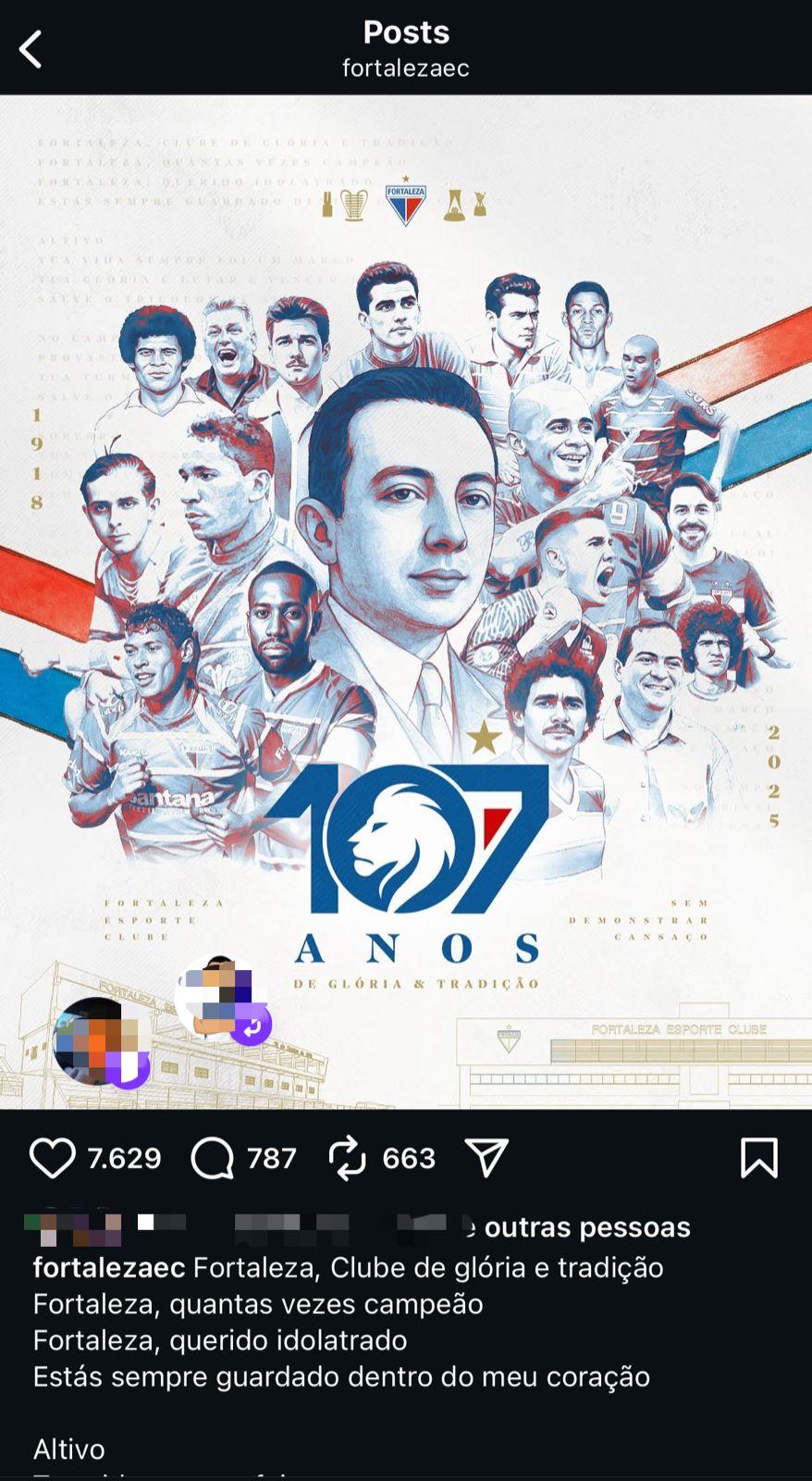 Print do post que foi apagado pelo Fortaleza nas redes sociais