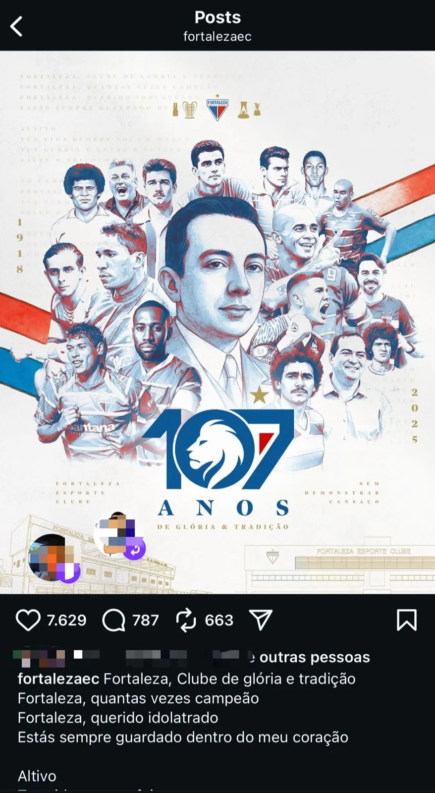 Post que foi apagado pelo Fortaleza nas redes sociais