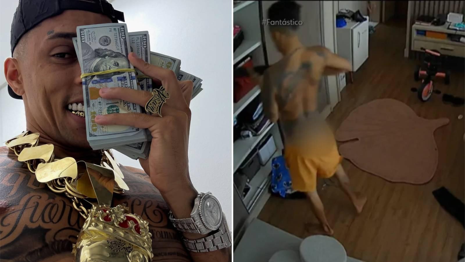 Montagem mostra, à esquerda, Buzeira exibindo dinheiro e, à direita, imagem de câmera de segurança registrando Buzeira em ambiente doméstico ao carregar espingarda após ver agentes da Polícia Federal cercando sua casa antes dele ser preso, em 14de outubro de 2025.