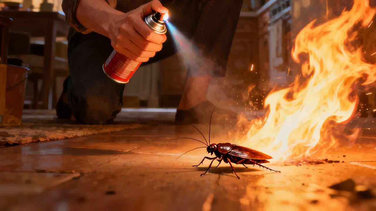 Ilustração do lança-chamas improvisado feito pela mulher para matar uma barata. Uma mulher segurando uma lata de spray com um isqueiro e expelindo fogo em uma barata