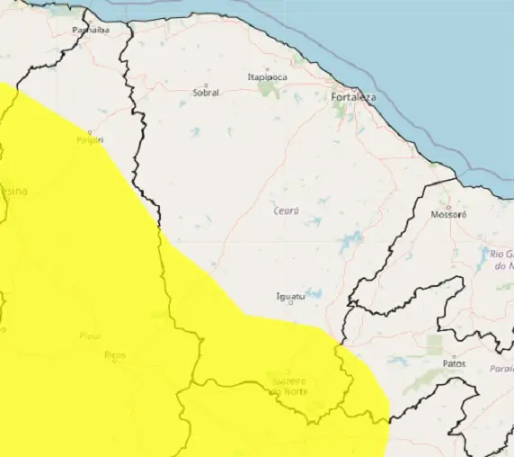 Mapa iconográfico do estado do Ceará, mostrando limites com estados vizinhos, e mancha amarela na porção sul que indica possibilidade de chuvas intensas, segundo o Instituto Nacional de Meteorologia.