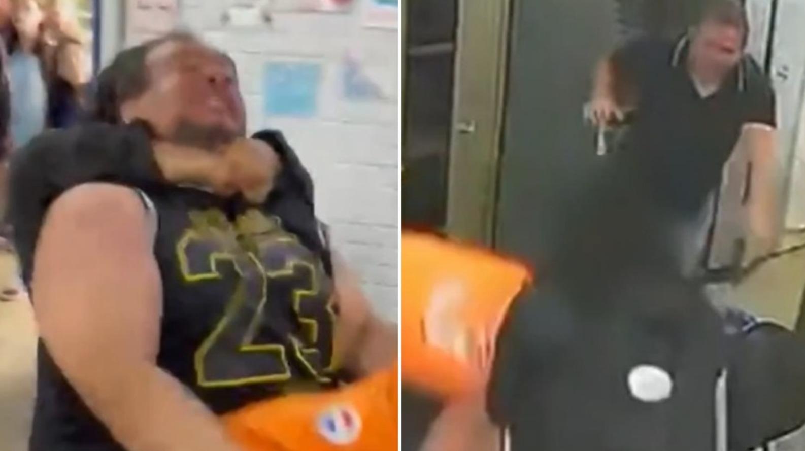 Montagem de fotos mostra trechos do vídeo que registrou as agressões na escola do DF. O Pai da aluna está sendo contido enquanto golpeia o professor.