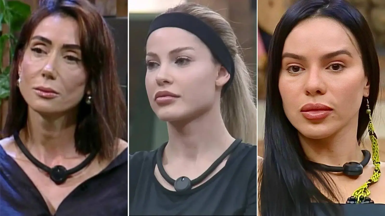 Colagem mostra as peoas de A Fazenda 17 Michelle Barros, Saory Cardoso e Tàmires Assîs, que disputam a Prova do Fazendeiro.