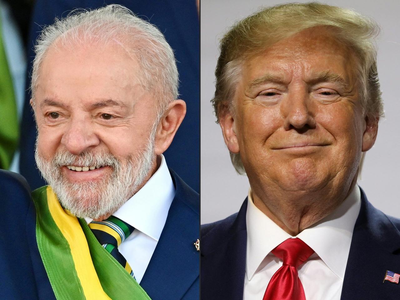 Imagem de dois líderes mundiais, Lula e Donald Trump, sorrindo em uma foto dividida ao meio, destacando suas expressões faciais amigáveis e postura de confiança.