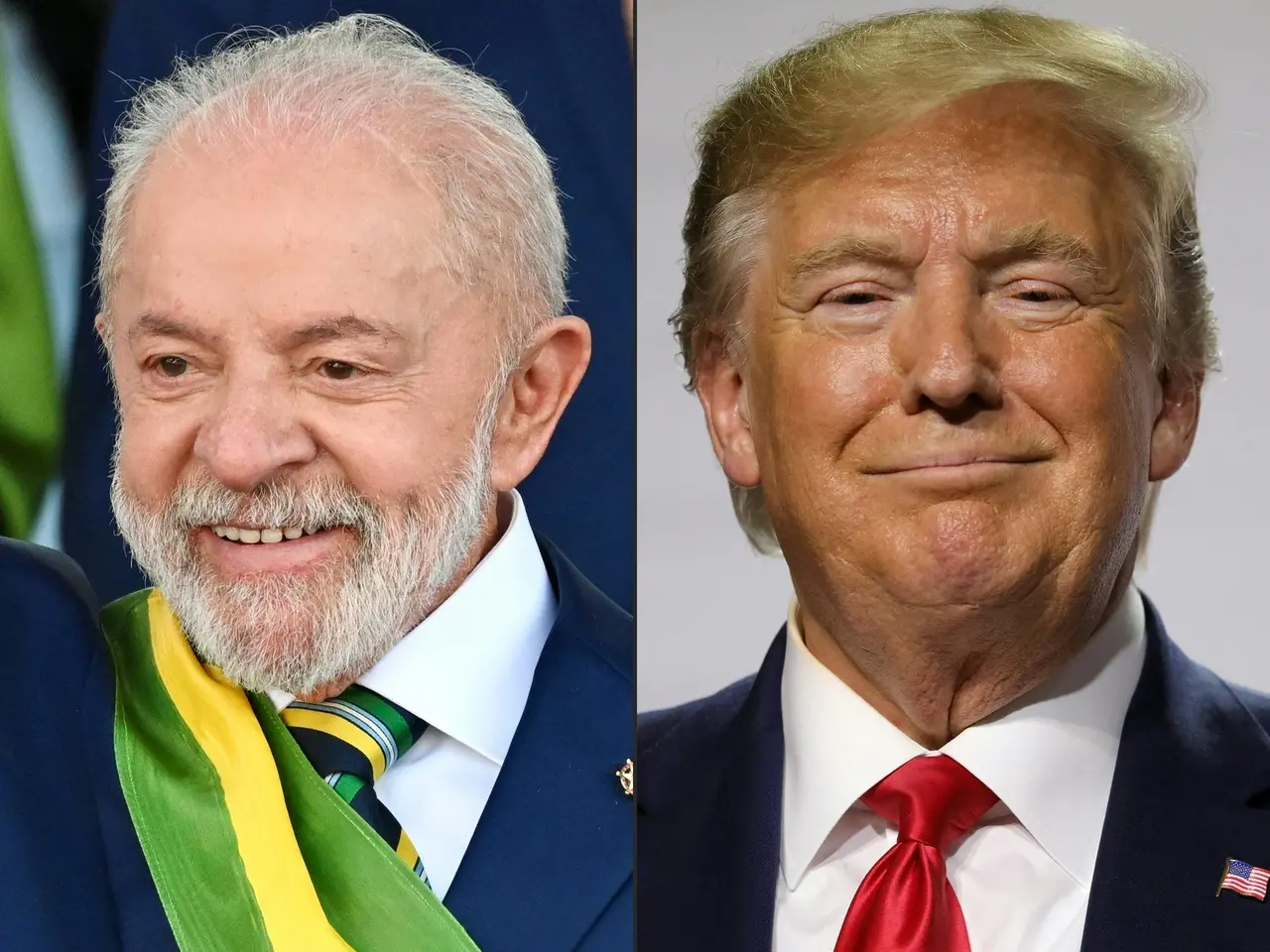 Imagem de dois líderes mundiais, Lula e Donald Trump, sorrindo em uma foto dividida ao meio, destacando suas expressões faciais amigáveis e postura de confiança.
