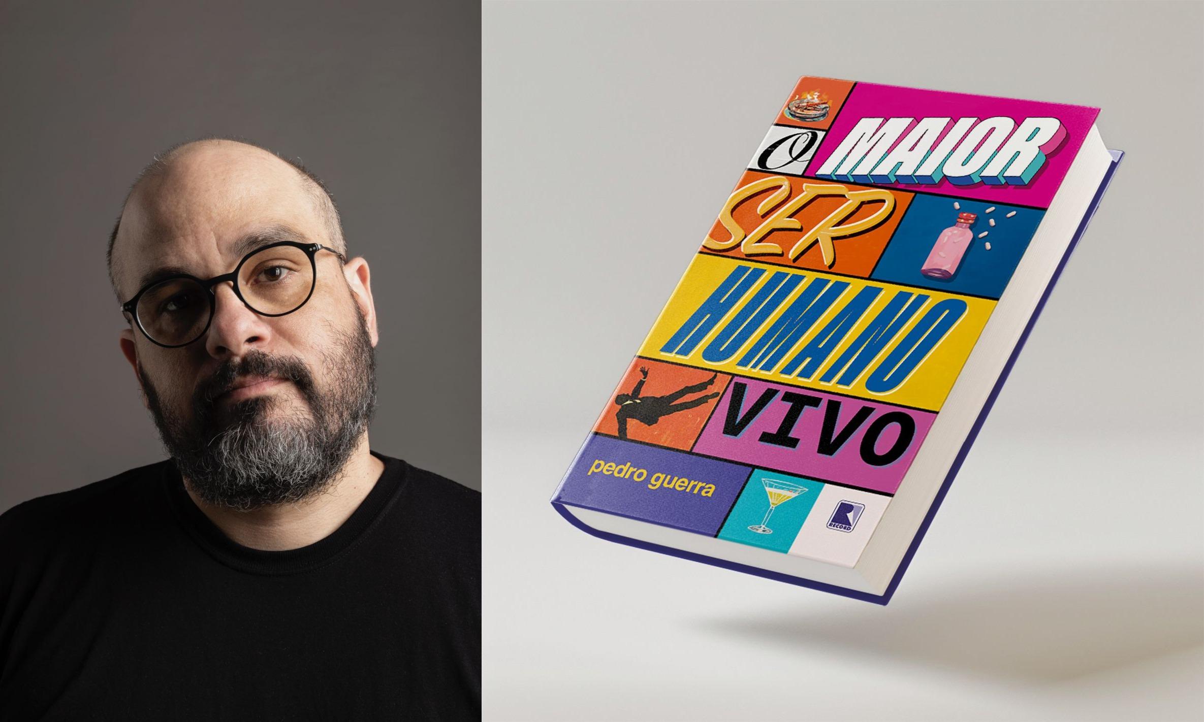 Montagem de foto do escritor cearense Pedro Guerra com a capa do livro 'O Maior Ser Humano Vivo'.