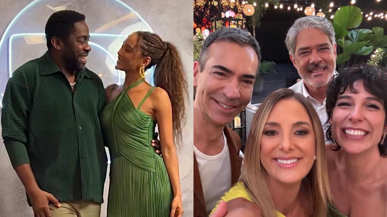 Atriz Taís Araújo, Lázaro Ramos, Ticiane Pinheiro, William Bonner, Cesar Tralli e Natasha Dantas no primeiro dia de gravação da vinheta de final de ano 2025 da Globo.