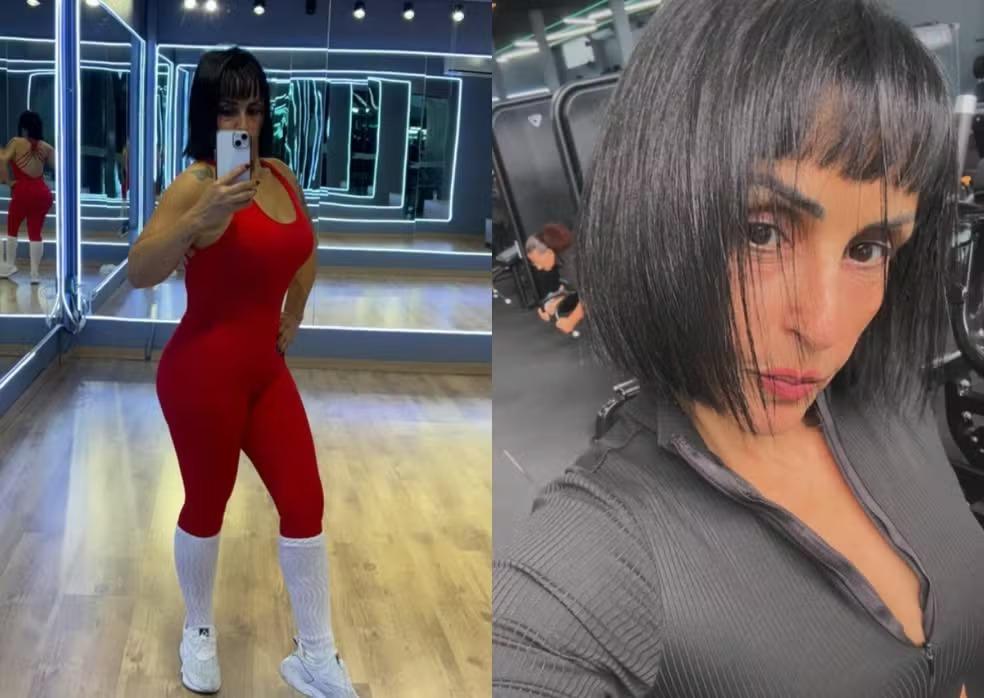 montagem de fotos de Helizabete Pinheiro, mulher de 50 anos que sofreu uma parada cardíaca e morreu durante o treino em uma academia em Florianópolis. Na imagem, ela veste um macacão vermelho.