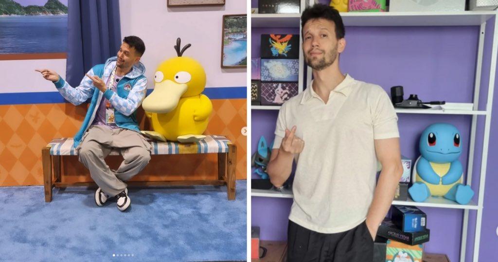 Colagem com fotos do Capitão Hunter, ao lado de personagens da franquia Pokémon.