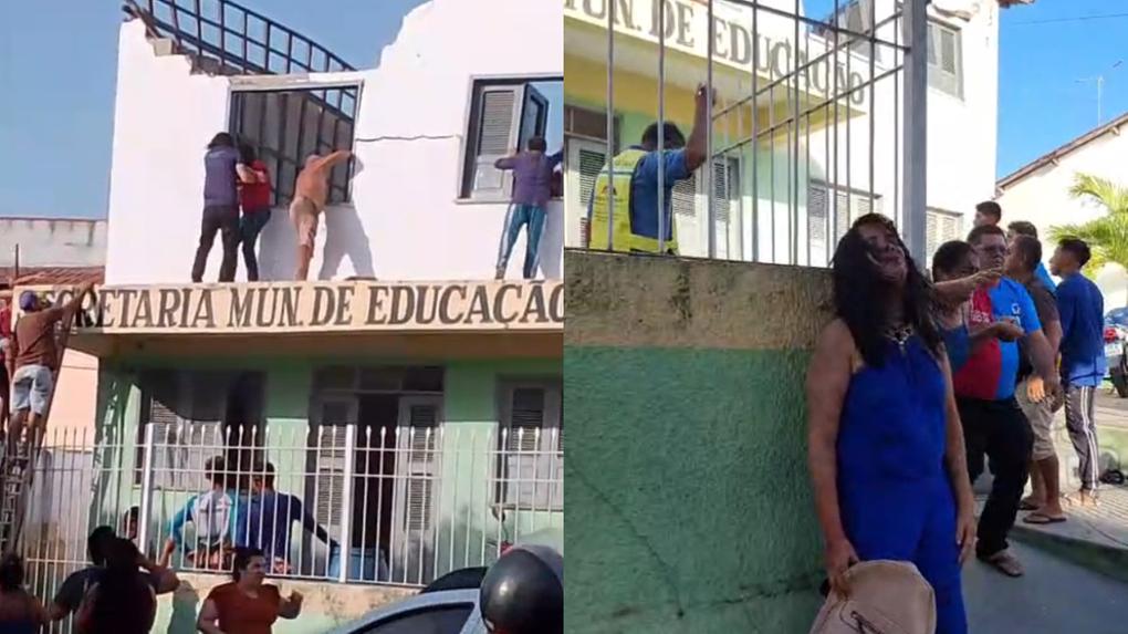Foto de desabamento do teto da secretaria municipal. Servidores são vistos saindo do prédio. Em uma das imagens há uma mulher de azul ferida e encostada na parede.