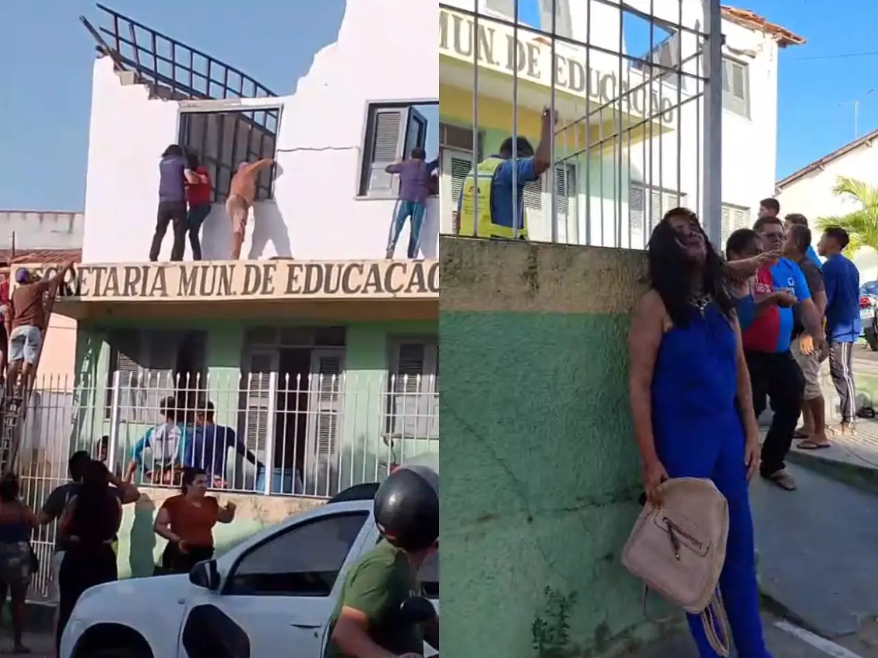 Foto de desabamento do teto da secretaria municipal. Servidores são vistos saindo do prédio. Em uma das imagens há uma mulher de azul ferida e encostada na parede.