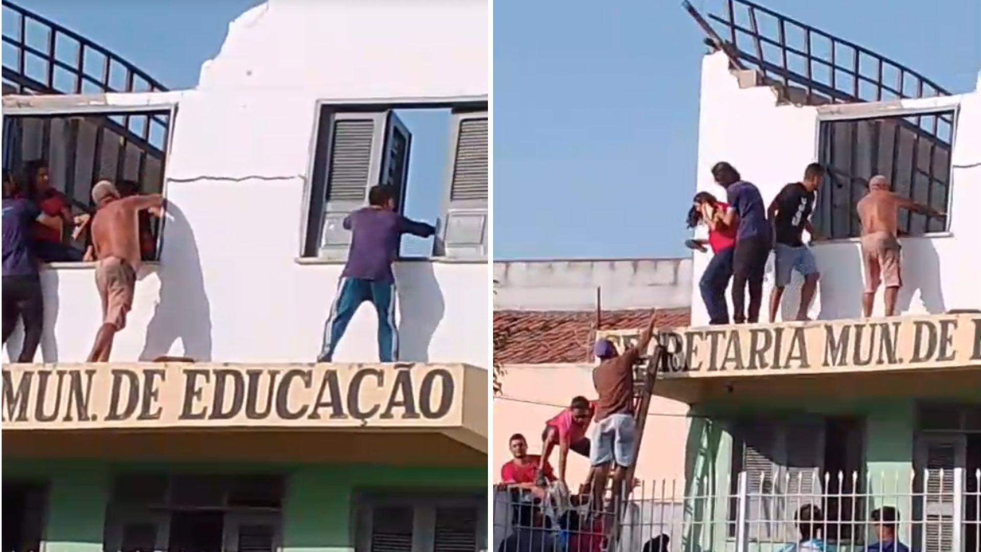 montagem de fotos mostra desabamento de teto de Secretaria do município de Chaval, no Interior do Ceará.