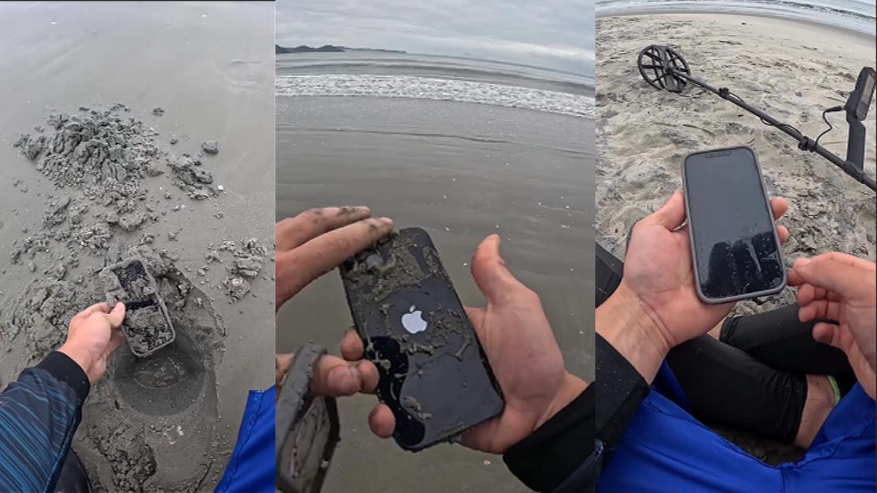 Uma montagem com três fotos do momento em que o 'caçador de tesouros' encontra o celular perdido