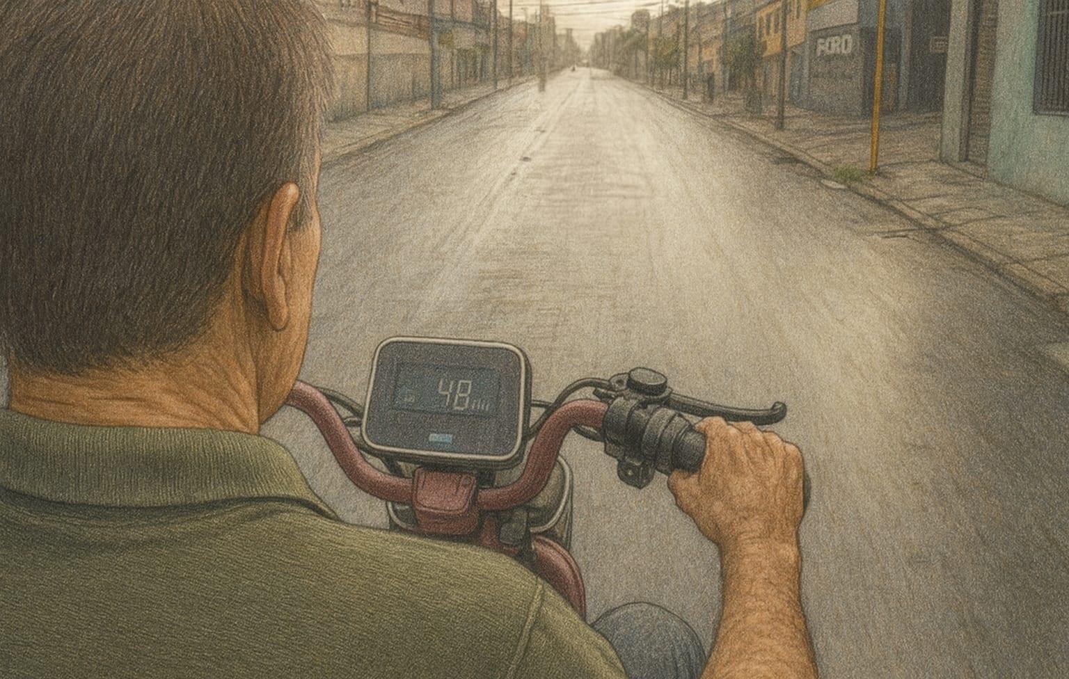 Ilustração de motorista de aplicativo pilotando um triciclo elétrico por ruas de Fortaleza