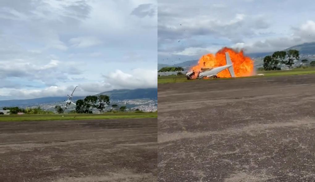 A imagem mostra o momento da queda e explosão de um avião de pequeno porte. Na sequência, à direita, o avião já está em chamas após o impacto, com uma grande explosão.