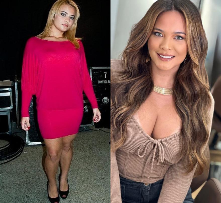 A imagem mostra duas fotos lado a lado de Geisy Arruda, uma em 2009 mais jovem, com cabelo loiro e um vestido rosa vibrante.Na segunda, à direita, está com cabelo castanho longo e ondulado.