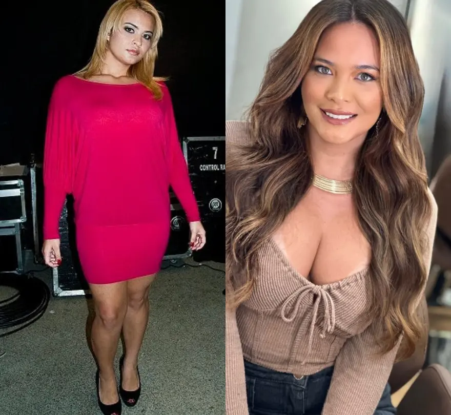 A imagem mostra duas fotos lado a lado de Geisy Arruda, uma em 2009 mais jovem, com cabelo loiro e um vestido rosa vibrante.Na segunda, à direita, está com cabelo castanho longo e ondulado.