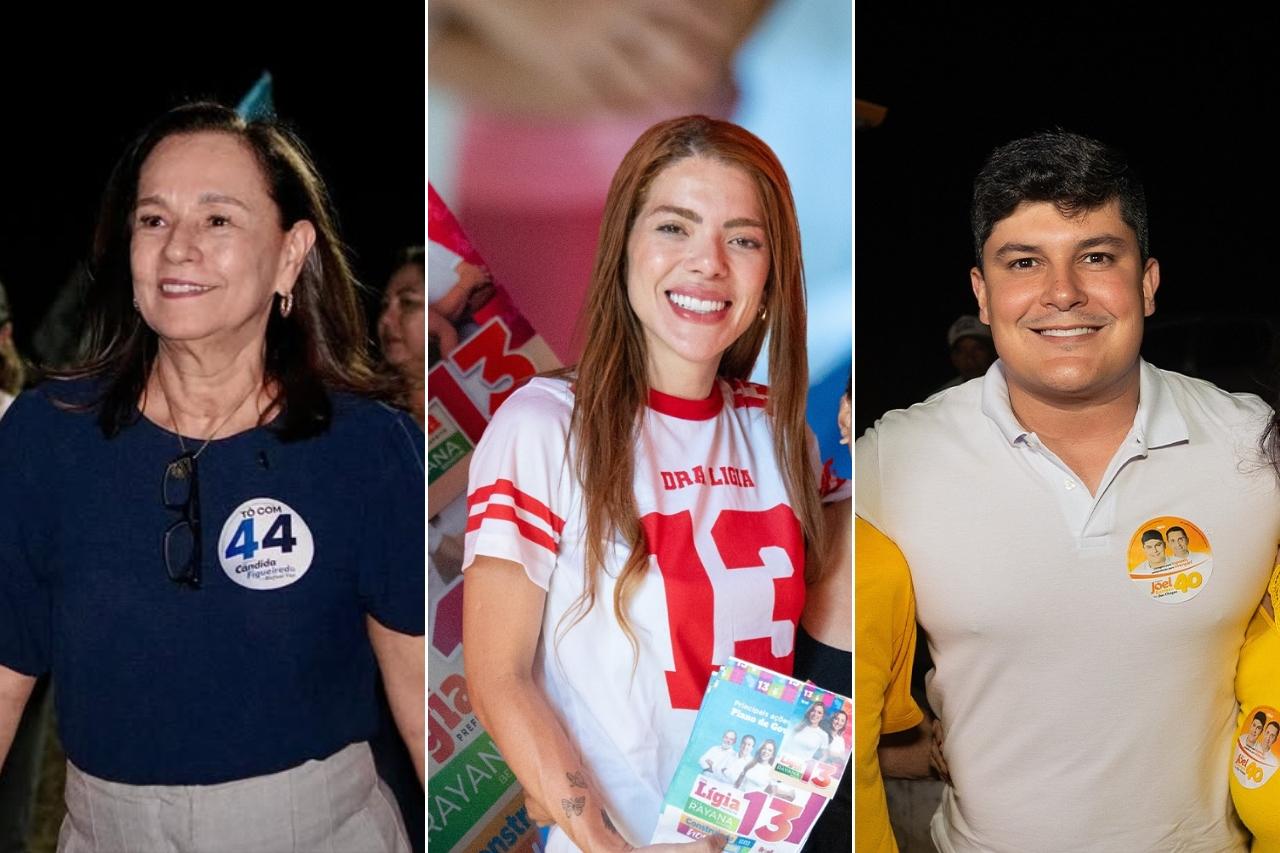 Montagem com três fotos lado a lado mostrando os candidatos à eleição suplementar de Santa Quitéria (CE). À esquerda, uma mulher de cabelos castanhos escuros, usando blusa azul e adesivo com o número 44 no peito, sorri durante caminhada de campanha. No centro, uma mulher de cabelos ruivos veste camiseta branca e vermelha com o número 13 estampado e segura panfletos eleitorais, também sorrindo. À direita, um homem de cabelos curtos e escuros usa camisa polo branca com adesivo de campanha no peito e sorri ao posar para foto.