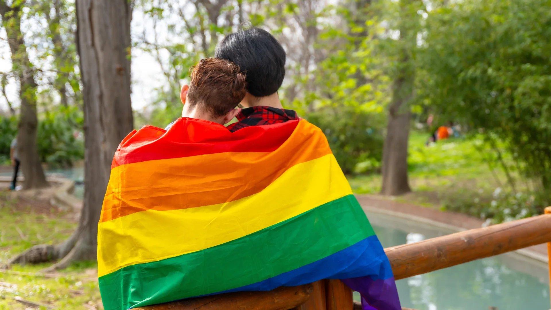 Imagem de casal homoafetivo, de costas e cobertos pela bandeira LGBTQIAPN+ usada em matéria sobre STF que julgará licença-maternidade para casais gays.