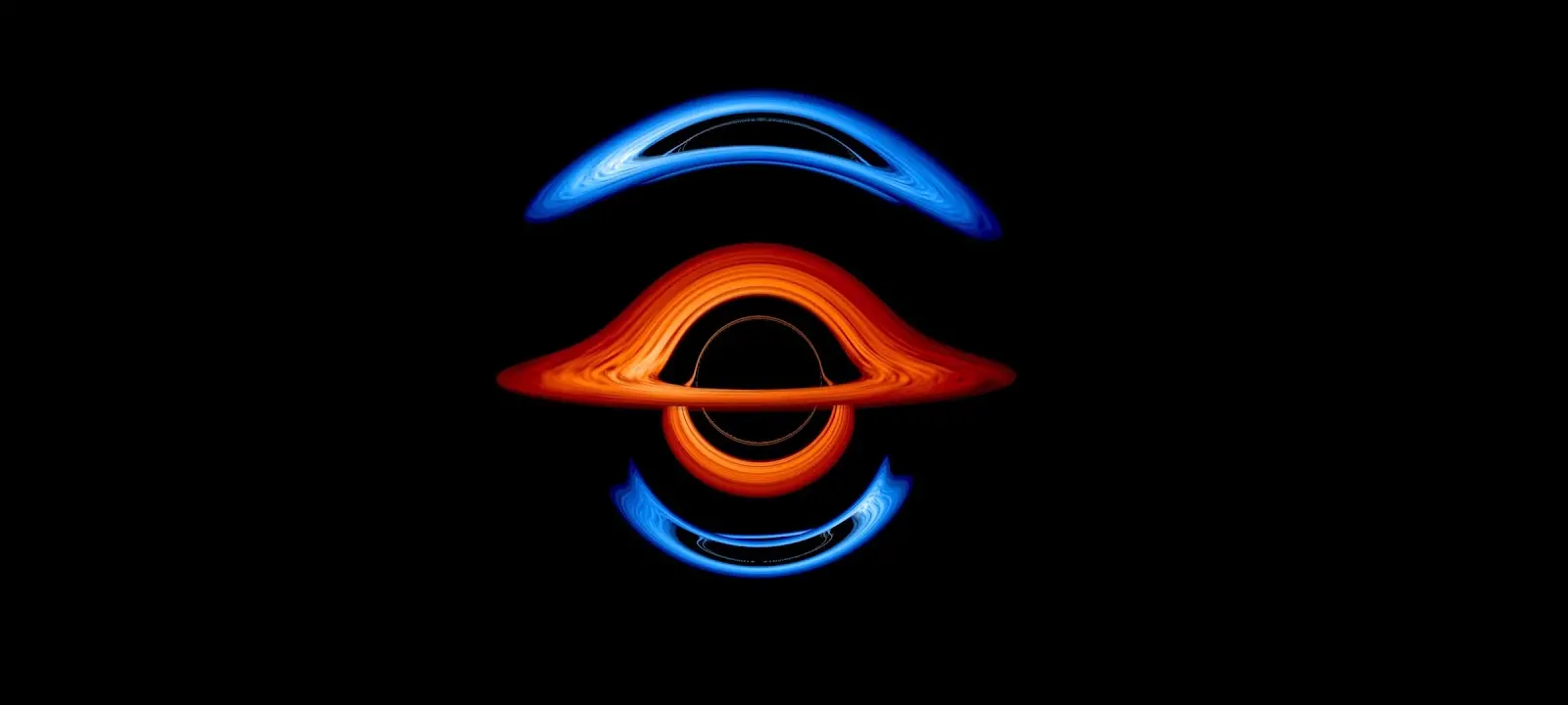 Imagem de fundo preto com ondas azuis e vermelhas ao centro simula dois buracos negros orbitando um ao outro.