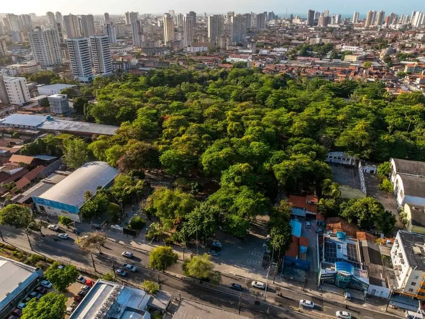 Imagem aérea de Fortaleza destaca área verde em meio a prédios altos.