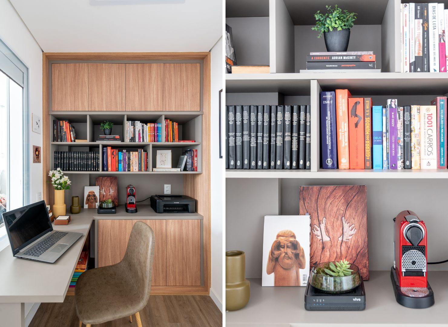 Imagem de uma estante moderna com livros, decoração e uma cafeteira, ideal para espaços de leitura e trabalho em casa.